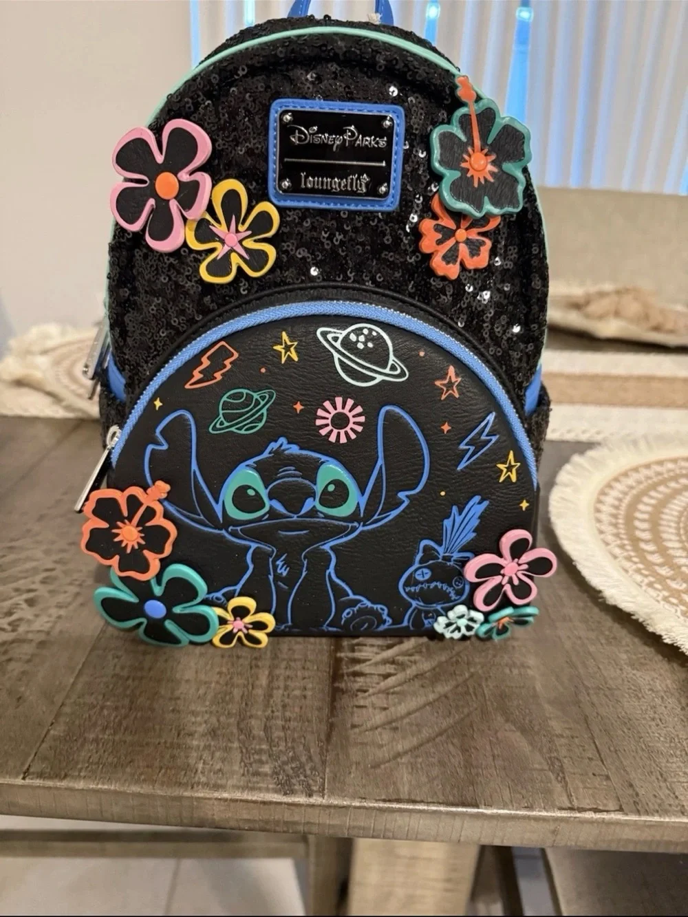 Loungefly Disney Parks Black Stitch Floral Sequin Mini Backpack